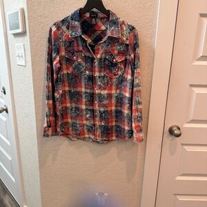 Justify Acid Wash Red Plaid Pearl Snap Shirt SZ Large